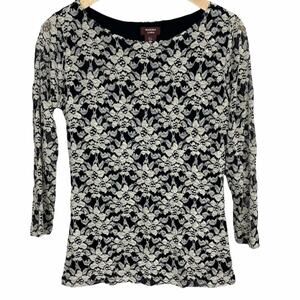 Marina Luna Black White Lace Romantic Floral Classy Quarter Sleeve Top Small